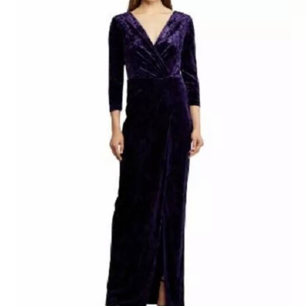 Ralph Lauren Velvet Purple Slit Evening Dress 14 Maxi Formal long sleeve Column